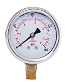 Pressure Gauge,Liquid Filled,2" face Dia,0-160 psi/bar/kpa,1/4" NPT Lower Mount, Polycarbonate Lens Window, Stainless Steel case