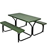 Giantex Picnic Table Bench Set Outdoor Camping All Weather Metal Base Wood-Like Texture Backyard Poolside Dining Party Garden Patio Lawn Deck Furniture Large Camping Picnic Tables for Adult (Green)