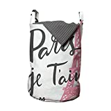 Ambesonne Paris Laundry Bag, Je Taime Lettering Vintage European Symbol of Romance Eiffel Tower Heart Shapes, Hamper Basket with Handle Drawstring Closure for Laundromats, 13" x 19", White Baby Pink