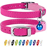 CollarDirect Leather Cat Collar, Cat Safety Collar with Elastic Strap, Kitten Collar for Cat with Bell Black Blue Red Orange Lime Green (Neck Fit 6"-7", Pink)