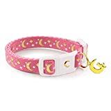 WAAAG Pet Collar Gold Moons and Stars Cat Collar, Safety Breakaway Cat Collar, Glow in The Dark (Copper Gold Webbing, XXS 6.5"-10" Neck)