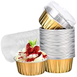 Dessert Baking Cups with Lids, 25 Pack 5 oz Gold Aluminum Foil Cups , Ramekin Bowls Clear Pudding Cups for Wedding, Christmas, Kitchen, Birthday Party, Various Holiday Parties