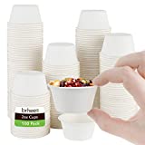 brheez 2 oz Disposable Bagasse Fiber Souffle Cups | 100% Natural Biodegradable & Compostable Perfect for Condiments Small Portion & Samples | Eco Friendly Paper Alternative - White [Pack of 100 Cups]