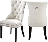 Meridian Furniture Nikki Collection Modern | Contemporary Velvet Upholstered Dining Chair with Wood Legs, Button Tufting, and Chrome Nailhead Trim, Set of 2, 23" W x 23" D x 40" H, Cream