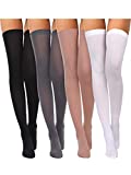 4 Pairs Women's Silk Thigh High Stockings Nylon Socks for Women Halloween Cosplay Costume Party Accessory (Black, White, Skin Color, Grey)