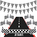 6.6 x 2 Feet Long Racetrack Floor Running Mat, 6.6 Feet Checkered Racing Pennant Banner, 10 Pieces Checked Black and White Race Flags with Sticks for Race Car Party Decorations, Sport Event, Festivals