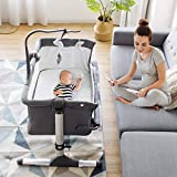 BABY JOY Baby Bedside Bassinet, Height Adjustable Portable Crib w/Music, Toy Rack, Mattress, Straps, Breathable Mesh & Carrying Bag, Easy Folding Kids Bed Side Sleeper for Newborn Infant (Dark Grey)