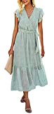 BTFBM Women Summer Bohemian Floral Casual Wrap V Neck Ruffle Cap Sleeveless Belt A-Line Pleated Hem Swing Midi Sun Dress (Light Green, Large)