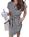 MEROKEETY Women's Summer Striped Short Sleeve T Shirt Dress Casual Tie Waist Midi Dress, Black, L