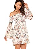 Romwe Women's Casual Floral Print Off Shoulder Trumpet Sleeve Swing Dress M White