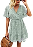 KIRUNDO 2021 Women’s Summer Short Sleeve Ruffle Floral Dress Sexy V Neck High Waist Layer Short Mini Dress with Belt (Medium, Green)