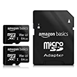 Amazon Basics 64GB microSDXC Memory Card with Full Size Adapter, A2, U3, read speed up to 100 MB/s, 2-Pack