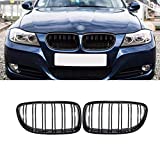 SNA E90 Grill Compatible for 2009-2011 BMW 3 Series E90 E91 (Double Slats Gloss Black Kidney Grille, 2-pc Set)