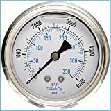 Liquid Filled Pressure Gauge, 2.5" DIAL Display, Stainless Steel CASE, Brass INTERNALS, 1/4" Male NPT Back Mount Connection, Dual Scale PSI & BAR (0-5,000 PSI)