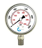 CARBO Instruments Stainless Steel Pressure Gauge Dual Display (0-5000 psi/kPa) - 2 1-2" Glycerine Liquid Filled Water Air Oil Gas Gauge with Polycarbonate Lens & Brass Connection -1/4" NPT Lower Mount
