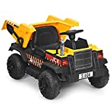 HONEY JOY 12V Ride On Dump Truck, Battery Powered Sand Engineering Loader Car w/Remote Control, Moving Dump Bed w/Shovel, Music, Lights, Slow Start, Electric Construction Vehicle Toy for Kids, Yellow