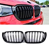 SNA F25 Grill Compatible with BMW 2014-2017 X3 F25, 2014-2018 X4 F26 Front Kidney Grille Gloss Black ABS with Double Slats, 2-pc Set