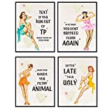 Pinup Girl Vintage Bathroom Wall Decor - Pin Up Wall Art - Funny Bathroom Quotes - Wash Your Hands You Filthy Animal Sign - Better Late Than Ugly - Bath Wall Decor - Restroom Decorations - 4 Print Set