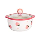 Cute Ceramic Bowl with Lid and Handle for Soup/Rice/Salad/Instant/Noodle/Vegetables/Fruit (Pink, Peach Pig)