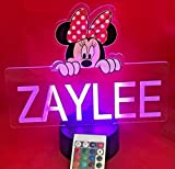 Minnie Mouse Princess Night Light Up Table Lamp Personalized Free Engraved Made to Order, Home Girls Room Decor, 16 Bright Color Options, with Remote, A Must Have!