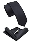 JEMYGINS 2.4" Black Skinny Tie and Pocket Square with Tie Clip Silk slim Necktie Sets for Men