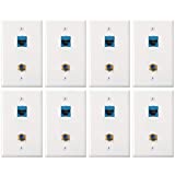 8 Pack Cat6 Coax Wall Plates, Cat6 Ethernet Port and Cable TV Coax Gold-Plated F-Type Port Wall Plate (Blue)