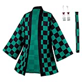 Duwseal Kamado Tanjirou Robe Cloak Cosplay Costume Kimono Cardigan Jacket Earrings Set