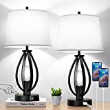 Set of 2 Touch Control Table Lamps, 3-Way Dimmable Bedside Nightstand Lamps for Bedroom 2 USB Ports, Rotary Switch, 2-Light Modern Table Lamps with Fabric Shades for Living Room End Table