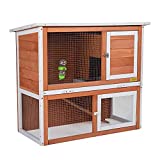 COZIWOW 2-Tier Wood Rabbit Hutch, Indoor/Outdoor Cute Bunny Cage for Small Animals, 36" Guinea Pig Hamster Hutch, Duplex Rabbit Shelter House with Open Sloped Roof, Run, Ramp, Water Bottle, Orange