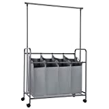 SONGMICS 4-Bag Laundry Sorter, Rolling Laundry Cart with Hanging Bar, Heavy-Duty Wheels, Gray URLS44GS