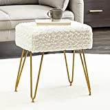 Modern Mink Square Footstool Ottoman Bench, Flower Pattern Furry Faux Fur Vanity Stool Chair with Gold Legs, Comfy Entryway Ottoman Bench, Stool for Vanity, Plush Footrest for Bedroom, Living Room