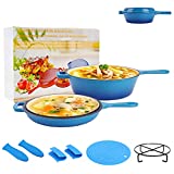 HOPESON Enameled Cast Iron 2-In-1 Skillet Set, Heavy Duty 3.2 Quart Enamel Cookware Pot, Lid Set & Useful Accessories, Deep Saucepan & Shallow Skillet Dutch Oven Nonstick Frying Pan for Chef Kitchen