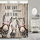 Funny Donkey Shower Curtain, Farm Animals Donkey on Rustic Wood Board Farmhouse Shower Curtain for Bathroom, Country Barn Door Bathroom Curtain Rural Life Accessories Decor 12Pcs Hooks 70X70IN