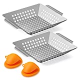 AIEVE Grill Basket, 2 Pack Stainless Steel Grill Accessories Vegetable Grill Pan Non-Stick BBQ Basket for Outdoor Grill, Vegetable Basket for Shrimp, Fish, Steak, Chicken Wings, Meat and Veggies