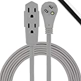 GE home electrical Indoor Extension Cord, 15 Ft Power Cable, 3 Grounded Outlets, 3-Prong, Low-Profile Flat Plug, 16 Gauge, UL Listed, Gray, 43026, 1 Pack