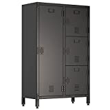 Metal Cabinets with Doors and Shelves, 4 Door Industrial Style Steel Storage, Metal Storage Cabinet for Home, Office, Dorm, School, Vented, Lockable, Magnetic Door, Black, 29.5”L x 18”W x 47.3”H