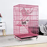 OKBOP Cat Ferret Cage, 3-Tier Portable Rolling Chinchilla Kitten Squirrel Rabbit Guinea Pig Small Animal Home with Wheels, Metal Mesh Large Pet House with Free Hammock (Pink)