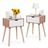 JAXSUNNY Mid Century Nightstands with Solid Wood Legs, Bedside Table Night Stands for Bedroom Set of 2, End Table w/ White Storage Drawer, 23.2"H, Walnut