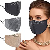 UOUDIO Rhinestone Crystal Face Mask， Masquerade Fashion Bling Mask for Women，Reusable Face Mask，Washable Face Mask，Diamond Sparkling ((Silver, Champagne, and black)