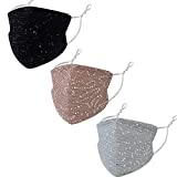 3Pcs Fashion Face Mask Sequin Glitter Bling Cover Nose Mouth Washable Reusable Masks for Women(Black+White+Pink)