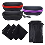 Innolife 3 PCS Large Size Zipper Shell Sunglasses Glasses Case with Plastic Carabiner Hook & 3 PCS Glasses Pouch & 3 PCS Cleaning Cloth（Black）