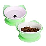 ABONERY Cat Bowls, Cat Food Bowls,Ceramic Cat Food Bowl with Suction Cup，Pet Feeding Water Bowls for Cats and Small Dogs,Raised Cat Bowl for Neck Protection (Green)