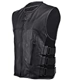 True Element Mens Swat Team Style Leather Motorcycle Vest with Side Size Adjustment (Black, X-Large)