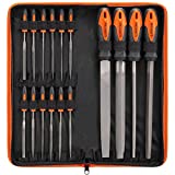 REXBETI 17Pcs Metal File Set, Premium Grade T12 Drop Forged Alloy Steel, Flat/Triangle/Half-round/Round Large File and 12pcs Needle Files, Cleaning Metal Wire Brush with Carry Case