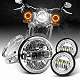 Dot Approved Chrome 7inch LED Headlight with DRL + 4.5inch Matching LED Passing Lamps with White/Yellow Halo Rings for Motorcycles with Adapter Ring and wire adapter