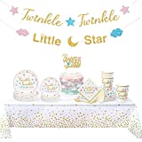 Gender Neutral Twinkle Twinkle Little Star Decorations (Serves 16) - 7” Cake & 9” Dinner Size Paper Plates, Cups, Napkins, Tablecloth, Pre-Strung Banner, Cake Topper for Boy or Girl Reveal Baby Shower