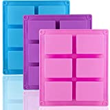 LERYKIN 3 Pack Silicone Soap Molds, 6 Cavities Rectangle Silicone Soap Molds, Great for Homemade Craft Soap Mold, Chocolate Mold, Cake Mold ＆ Ice Cube Tray - Just Pop Out（Pink & Blue & Purple）