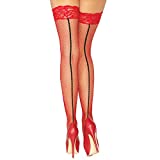 Leg Avenue Women's Stay-Up Lace Top Backseam Fishnet Thigh Highs, Red/Black, OS