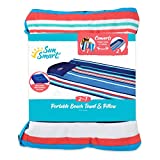 SUNSMART Adult Beach Towel Pillow with Inflatable Pillow, 72” Long, Adults, Navy/Coral/White Stripe