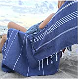 AYSESA Sandproof Turkish Beach Towels w/Hidden Pocket 75" Long | OekoTex Certified Cotton for Baby, Adults Oversized Sandproof Lightweight Trendy Colors Men Women (Navy Blue)